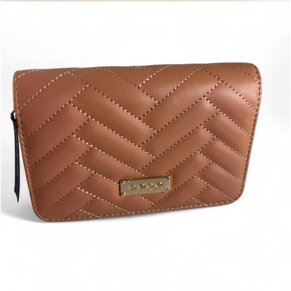 Bebe Sophia Crossbody Bag Small Nude Quilted Faux Leather Gold Chain NWT